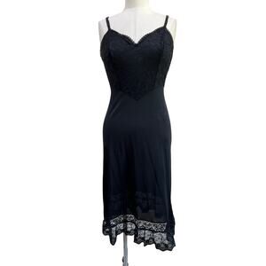 Vintage 90s Vanity Fair Black Full Slip Lace Trim Nylon Dress 34